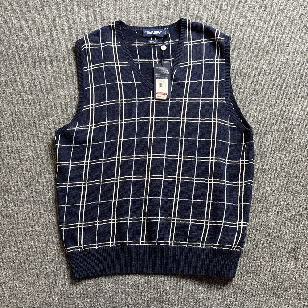 Polo Ralph Lauren Golf Sweater Vest Men's Large Blue Plaid Knit Preppy Linen NWT